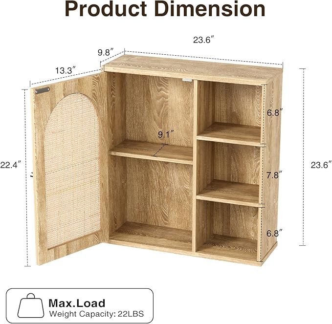 Rattan Bathroom Wall Cabinet with Door, Boho Medicine Wall Cabinets with Adjustable Shelves, Tall Kitchen Wall Mounted Storage Cabinet, Floating Hanging Cabinet Space Saver for Laundry Room, Natural
