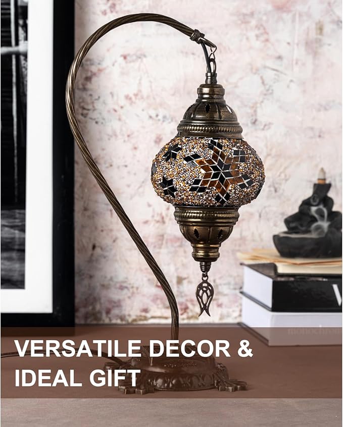 Kafthan Turkish Moroccan Mosaic Lamp – Handmade Glass Swan Neck Bedside Lamp with Antique Brass Base, Ideal Decor for Bedroom, Office, Living Room – Bulb Included (Ecru Snow Flakes)