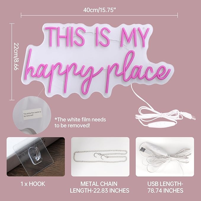 Neon Signs for Wall Decor - This Is My Happy Place Neon Signs for Teen Girls Bedroom Decor, Pink Led Neon Lights for Wall Decor, Nightstand Light, Dimmable Switch USB Power, Adhesive Hook Included