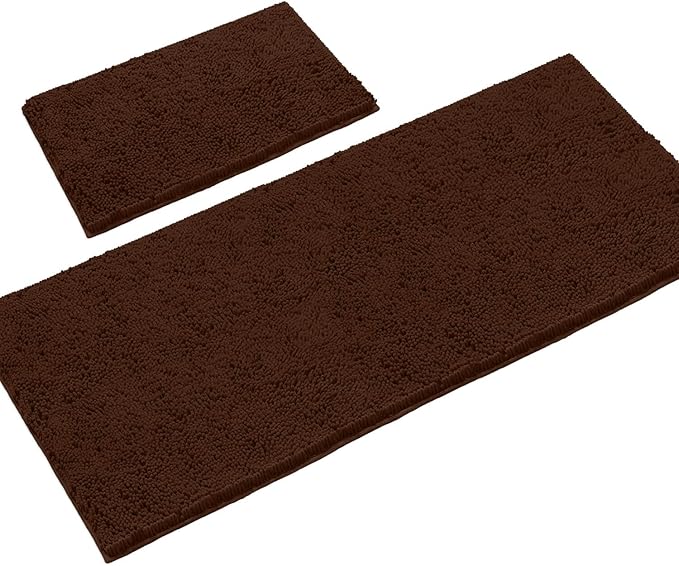 LuxUrux 2-Piece Bathroom Rug Set – Ultra-Plush Chenille Mats, Includes Runner Rug, Soft, Absorbent, Non-Slip & Stylish (27x47 & 16x24 inches, Brown)