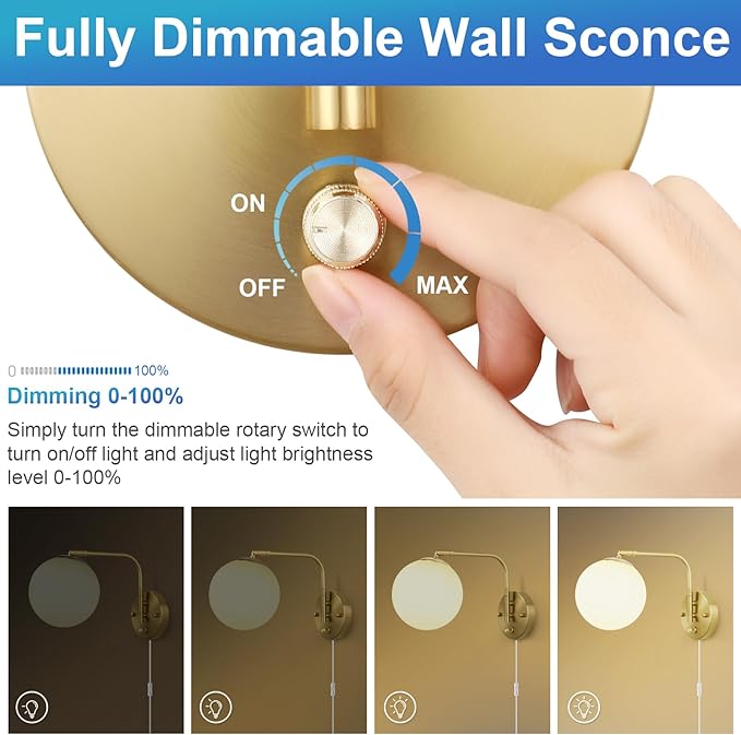 Wall Sconces Plug in, Dimmable Swing Arm Wall Lights with Plug in Cord and Dimmer On/Off Knob Switch, Dimmable Wall Light with Milky White Glass Globe Shade(1 Bulb Included)
