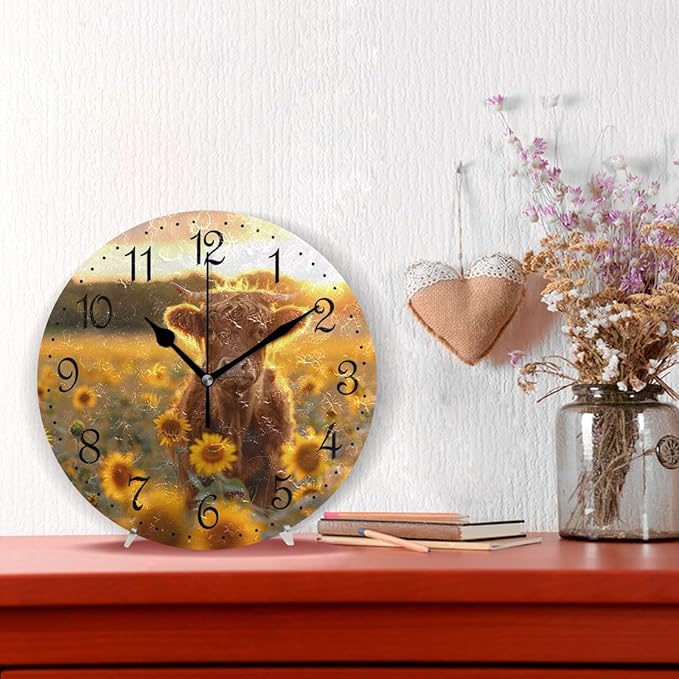 ALAZA Wall Clock Highland Cows Sunflowers Silent Non-Ticking Decorative Wall Clocks Battery Operated 10 Inch for Home Living Room Kitchen Bathroom Bedroom