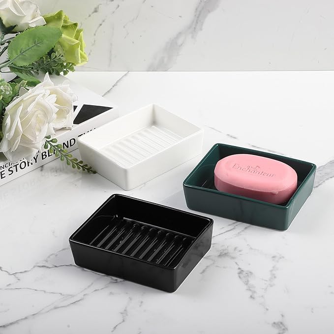 Green Rectangle Ceramic Soap Dish - Modern Hand Soap Holder for Bathroom, Kitchen, Shower, Countertop