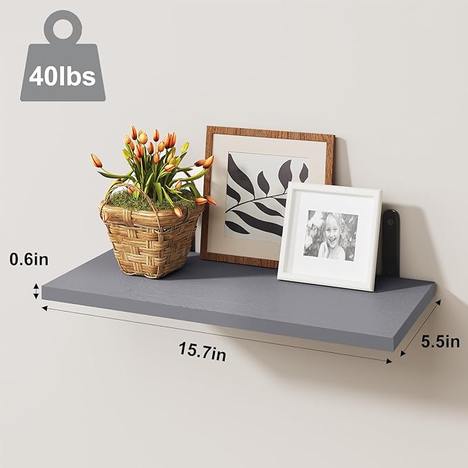 Fixwal Grey Floating Shelves for Wall, 4 Sets Wood Shelves Farmhouse Wall Shelf Wall Mounted Floating Shelves for Bedroom Decor, Bathroom Storage, Book Shelf for Wall - Grey
