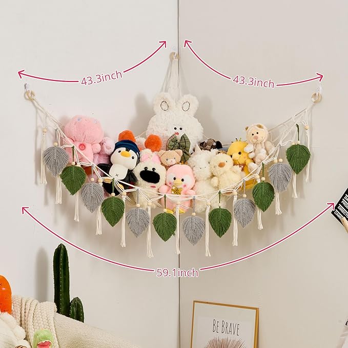 Pretty Jolly Macrame Leaf Wall Hanging Storage Hammock, 59" Boho Corner Organizer with Tassels, Stuffed Animal Plush Holder for Kids Room Nursery Decor (Avocado Green & Light Grey)