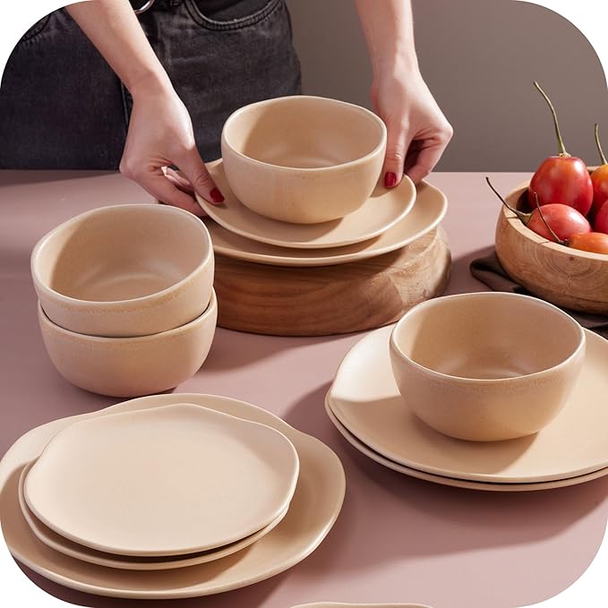 Corona Dinnerware Set 12–piece, Plates and Bowls Set, Ceramic Sets for 4, Microwave and Dishwasher Safe, Areia Modern Organic Shape.