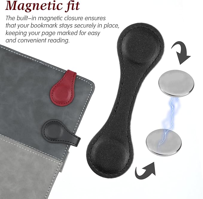 2 Pcs Leather Magnet Bookmark Retro Book Page Holder Vintage Page Marker Clip Handmade Cute Reading Accessories for Women Bookworm Book Lovers Reader Gift(Black+red)