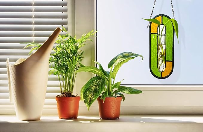 LITMIND Stained Glass Plant Propagation Station, Hanging Hydroponic Planter Terrarium with 2 Glass Tubes - Perfect for Home & Garden Décor