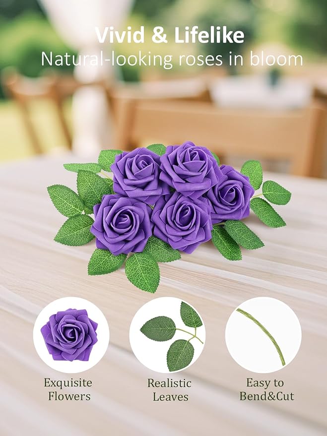 N&T NIETING Artificial Flowers Purple Roses, 25Pcs Fake Flowers Foam Roses with Stems for DIY Wedding Bridesmaid Bridal Bouquets Centerpieces Party Home Decoration Baby Shower