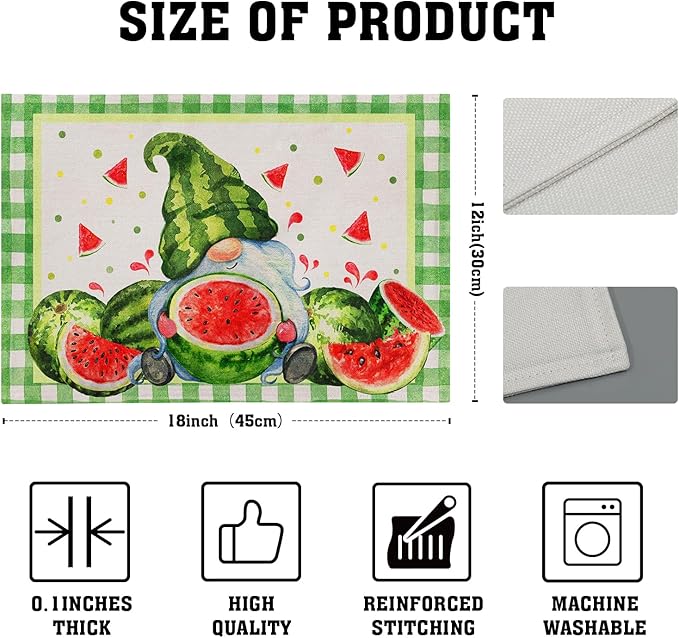Watercolor Watermelon Gnomes Placemats Set of 4,Green Buffalo Check Plaid Rectangular Linen Kitchen Mats Summer Seasonal Place Mat 12 x 18 Inch for Kitchen Dining Table Decor