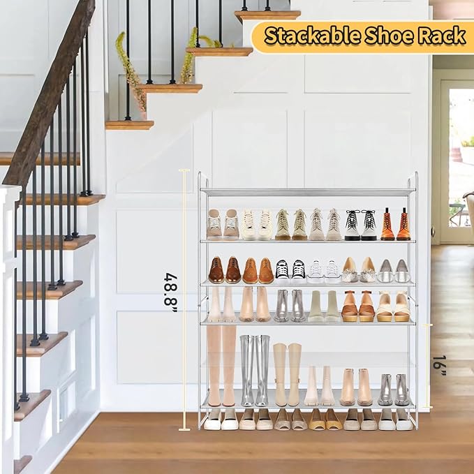 SLEEPING LAMB 3-Tier Long Shoe Rack Organizer for Closet, Stackable Wide Shoe Shelf Holds 24-Pairs Shoe Storage for Bedroom, Floor, Entryway (Grey)