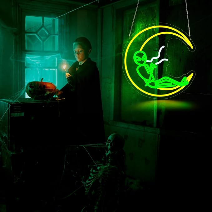 Alien Moon Neon Sign for Wall Decor Led Neon Signs Light Up Sign Room Decor Neon Lights Sign USB Powered