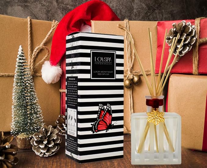 LOVSPA Holiday Reed Diffuser Gift Set - Evergreen, Pine, Red Currant & Juniper Berry Essential Oils - Holiday Scented Reed Diffuser for Large Rooms - Made in The USA