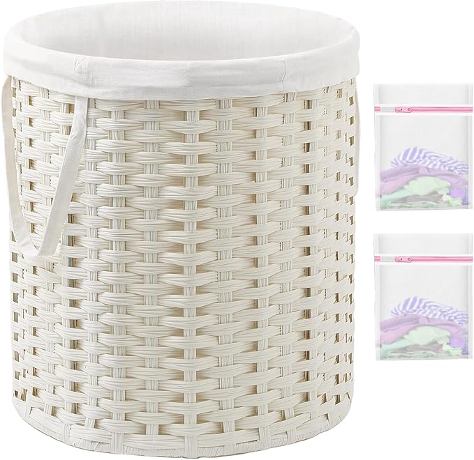 Laundry Hamper Round 26.5 Gal (100L) Handwoven Rattan Laundry Basket, Large Wicker Laundry Hamper with Removable Laundry Bag Handles 2 Mesh Bags for Bathroom Living Room White