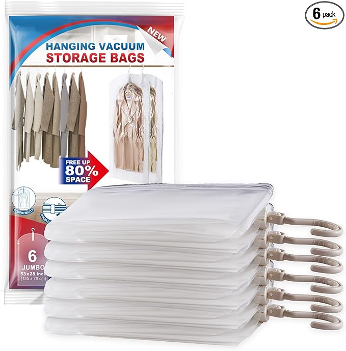 Hanging Vacuum Storage Bags, 6 Pack Large Hanging Vacuum Seal Bags for Clothing, Space Saver for Clothes, Suits, Dress, Jackets, Closet Organizer for Moving Supplies(53.1x27.6 in)