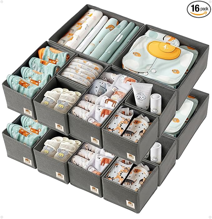 16 Pack Drawer Organizer for Baby Clothes, Fabric Nursery Organizer for Baby Diaper, Collapsible Deep Fabric Drawer Organizer with Zipper for Socks, Bra, Towels, Ties, Grey