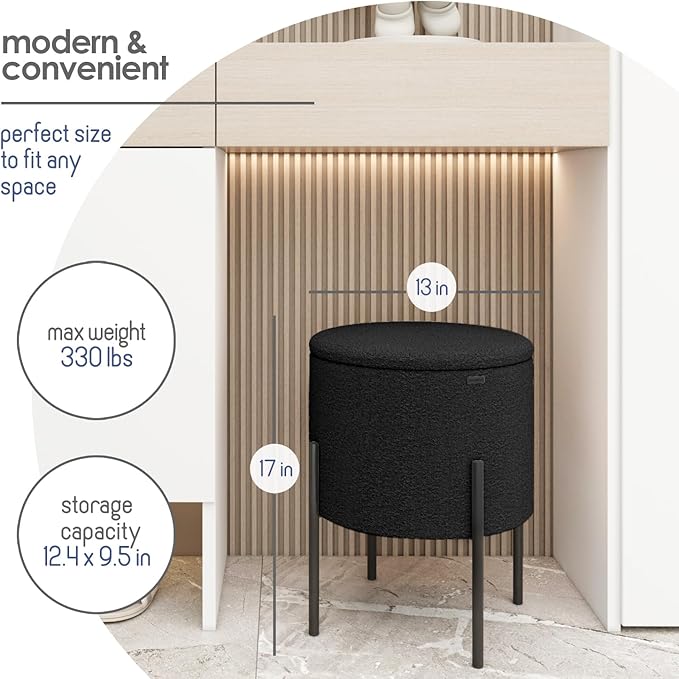 StorageBud Round Ottoman with Storage, Boucle Storage Ottoman, Foot Stool Ottoman, Makeup Vanity Stool, Small Ottoman Foot Rest, Modern Ottomans for Living Room and Bedroom, Black