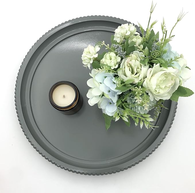 Round Wood Decorative Tray, Small Beaded Tray for Dresser Coffee Table Kitchen Corner Dinning Table, Modern Round Wooden Tray for Centerpiece (Gray, 13.4''X13.4'')