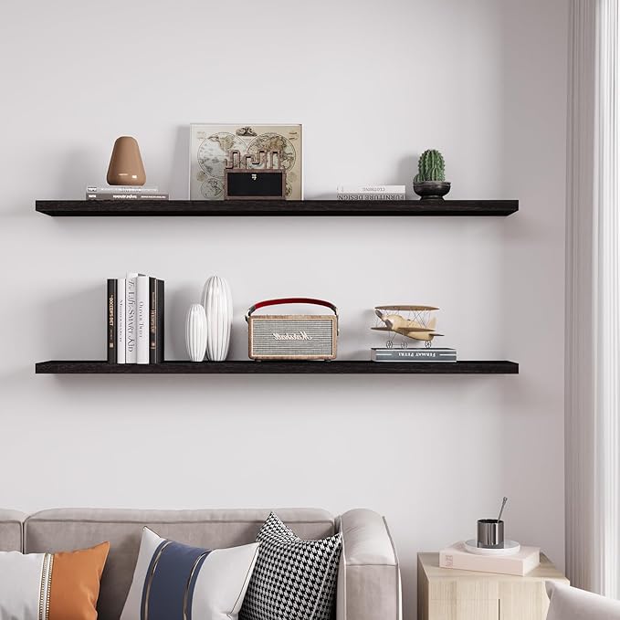 Floating Shelves 48 Inch Wall Shelf Solid Wood Mounted Storage for Bedroom Living Room Set of 2, Black Wall Shelves