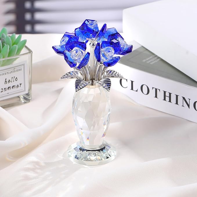 Crystal Blue Rose Bouquet Figurines Gifts for Women Flowers Valentine's Day Mother's Day Presents for Girlfriend Wife Partner Ornament for Home Decor