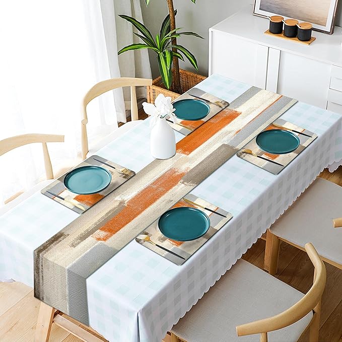 Mcalk Farmhouse Orange Table Runner and Placemats Set of 6 Pieces, Brown Placemats Modern Art,Grey Abstract Art Cloth Place Mats Indoor for Kitchen,Linen Material for Dining Table
