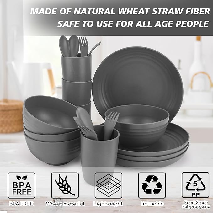 Shopwithgreen Wheat Straw Dinnerware Sets for 4, 20 PCS Unbreakable Plates and Bowls Sets, Reusable Dinner Dishes Set, Bowls, Cups, Plates for Camping, Kitchen, RV, Dorm, Dishwasher Microwave Safe