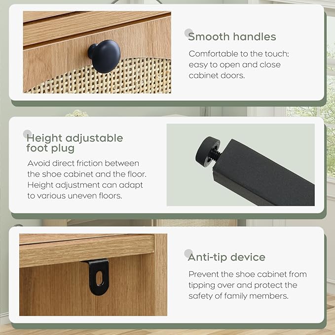 Yechen Shoe Rack Storage Organizer with 2 Natural Semi-Circular Rattan Doors, Large Entryway Wooden Shoe Cabinet for Sneakers, Leather Shoes, Slippers (1 Piece, Light Beige)