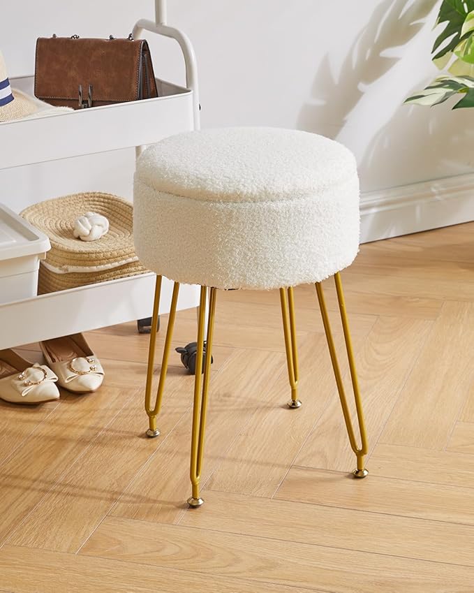 IBUYKE Teddy Velvet Storage Footrest Stool Ottoman, Makeup Vanity Stool Side Table with Removable Cover, Golden Steel Legs, Coffee Table Top Cover, White WBD010W