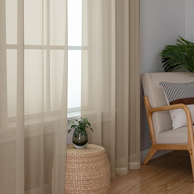 Aiyufeng Taupe Sheer Curtains 45 Inches Long 2 Panels Set, Semi Transparent Voile Rod Pocket Sheer Window Drapes for Bedroom Bed Canopy Living Room Dining Wedding Party Backdrop, 42W x 45L inch