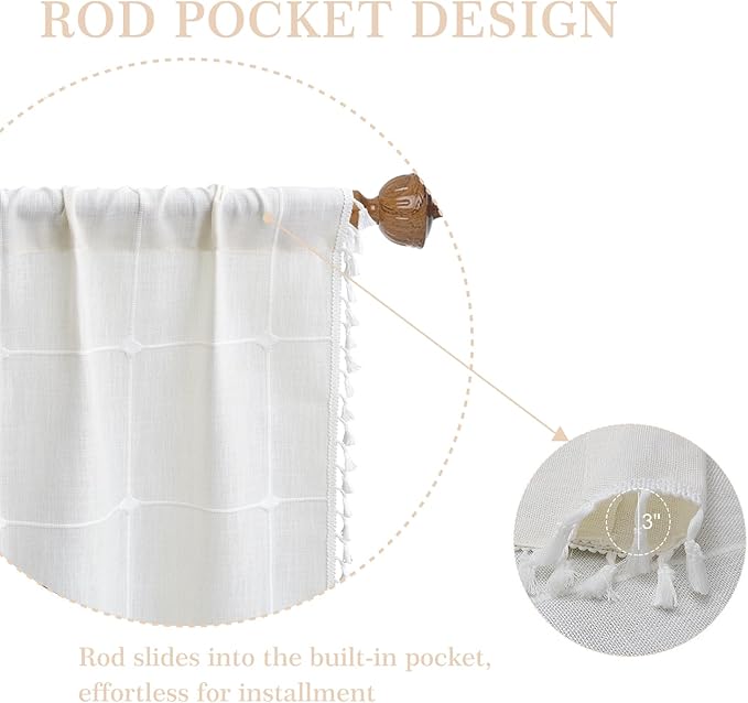 ColorBird White Window Curtains, 2 Panels 63 Inch Farmhouse Window Curtains for Living Room, Embroidery Lattice Linen Darkening Curtain for Dining Bedroom