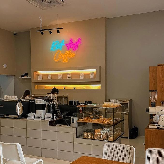 But First Coffee Neon Sign, Light Up USB Powered Dimmable Sign for Cafe Bar, Shop, Station Kitchen Home Bar Wall Decor, 16.14 * 11.81 Inch