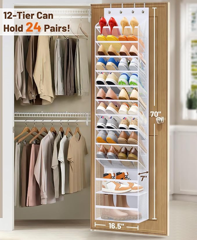 MISSLO 12 Tier Over the Door Shoe Organizer Hanging Shoe Rack for Closet Storage Sneaker Holder for Door Fit 24 Pairs Sandals, Heels, Boots (White)