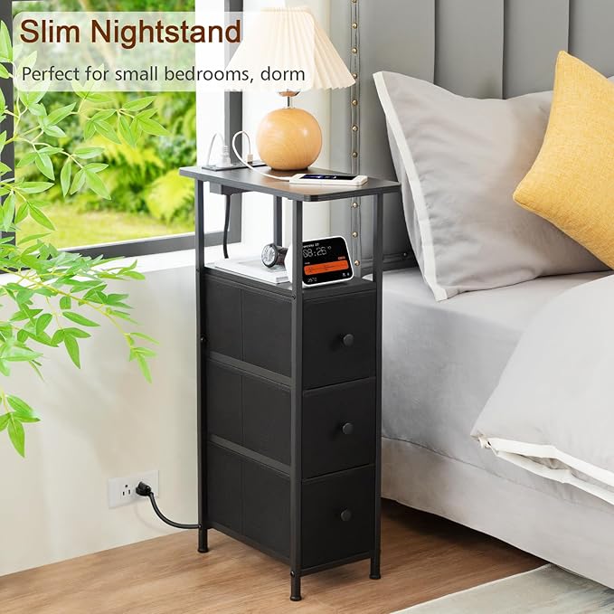 Narrow End Tables Living Room Set of 2 with Charging Station, Skinny Side Table with Fabric Drawers, Slim Nightstand for Bedroom, Small Spaces, Couch, Black, HETNDP03BK