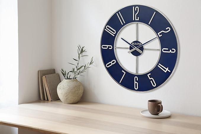 Bulova Blue Steel Oversize Wall Clock |Model C4809, 27" Diameter | Sleek Silver and Blue Finish | Contemporary Design | Battery Operated