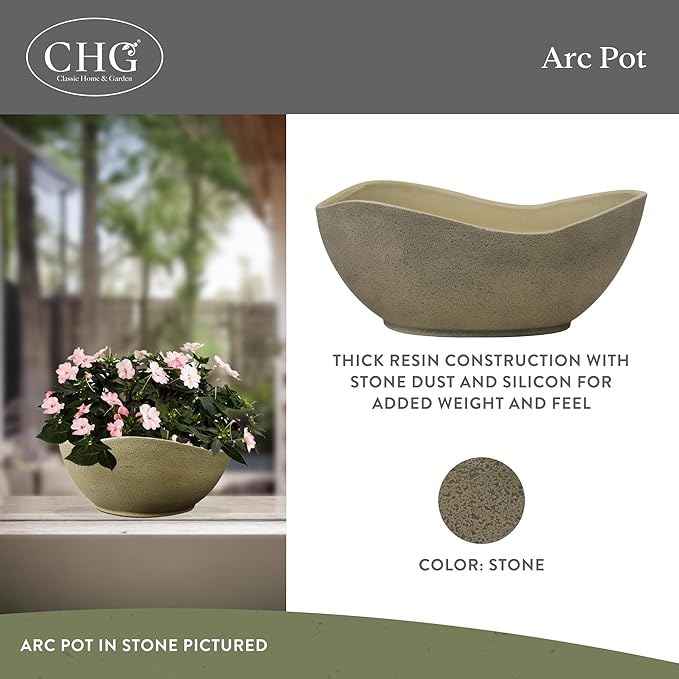 Classic Home and Garden Arc Unique Planter Bowl w/Drain Plug - UV Resistant Shallow Planter - Modern Plant Pot for Herbs (12” Stone)