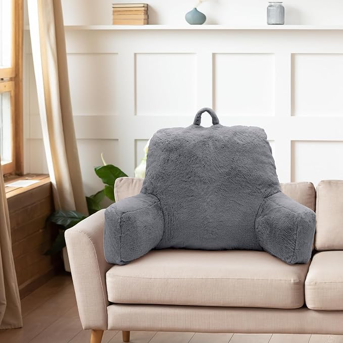 Reading Pillow Large Bed Pillow,Backrest with Arms, Back Support for Sitting Up in Bed, Couch for Lounging Bedrest,Grey