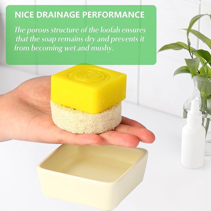 Soap Holder Square Ceramic with Natural Loofah Soap Rest, Bathroom Soap Dish Lisfting Pads, Quick Drying and Easy to Clean, Ideal for Square Soaps (Cream White)