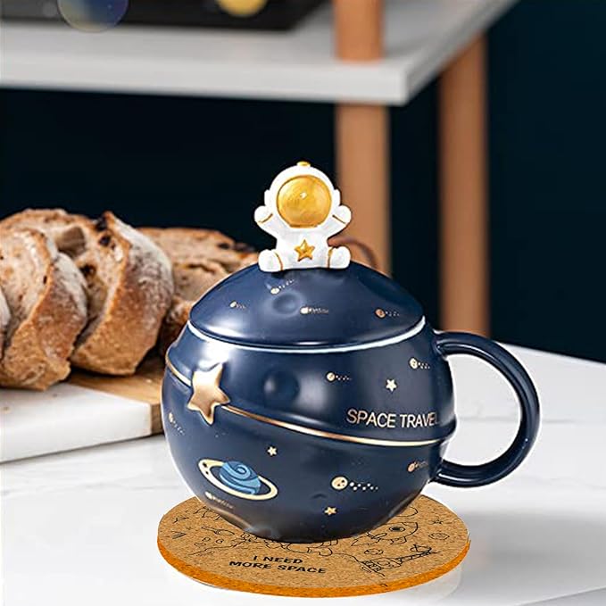 Kawaii Astronaut Cup Space Embossed Planet Mug, Cute Ceramic Coffee Mug, Novelty Mug with Lid and Spoon for Coffee, Tea, Milk, Aesthetic Room Decor Funny Gift for Girl Boy Women (Dark blue)