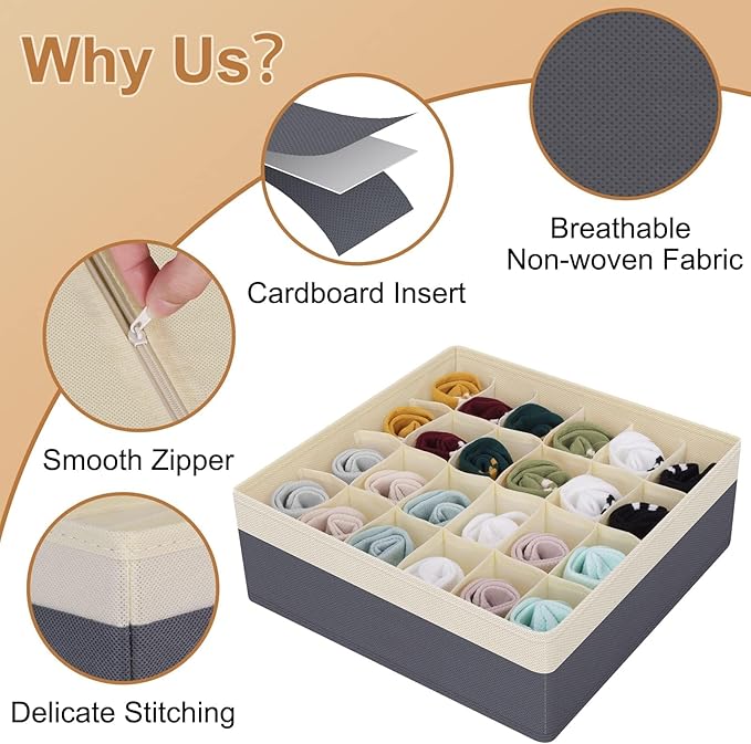 Drawer Organizer Divider, Foldable Closet Storage Organizer Basket, and Fabric Organization Bins for Clothes, Socks, Underwear, Bras, Ties, Accessories, 4 Pcs (Beige & Dark Grey)