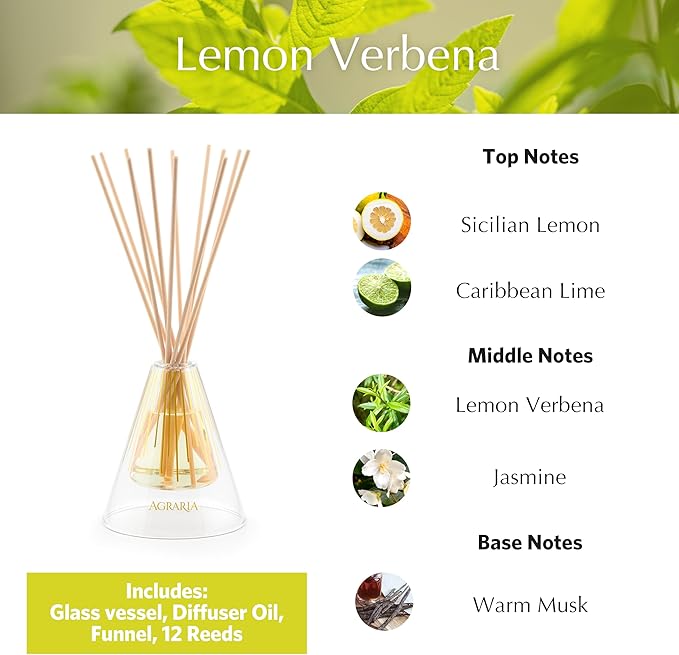 Agraria Lemon Verbena Reed Diffuser Set, 12 Reeds Essential Oil Freshener Sticks, Scent Diffusers for Home Fragrance, Scented Oil Diffuser Gift Box