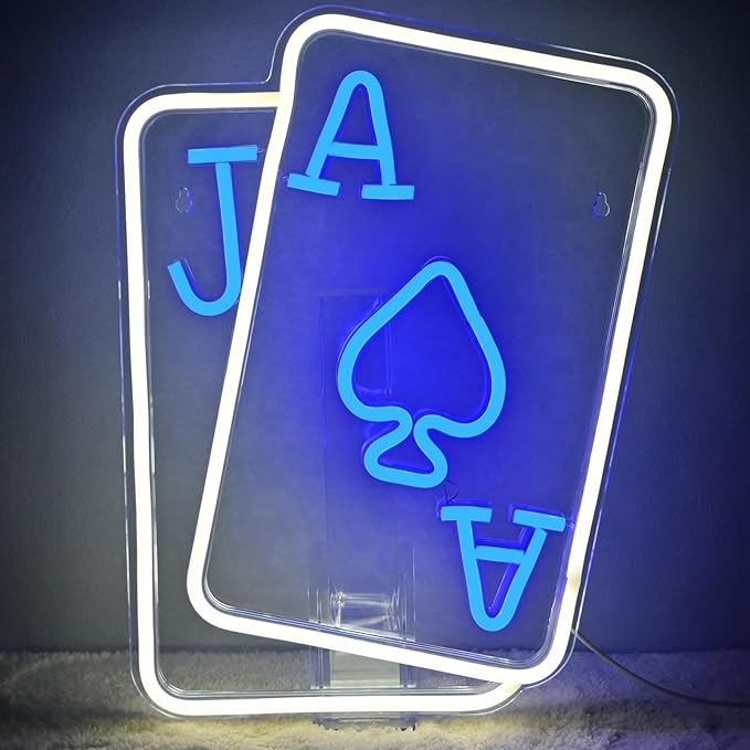 Gamerneon Playing Cards Neon Signs for Wall Decor Poker Teens Led Neon Light Blue White Usb Light Sign for Bedroom Casino Bar Hotel Play Room Birthday Party Decor