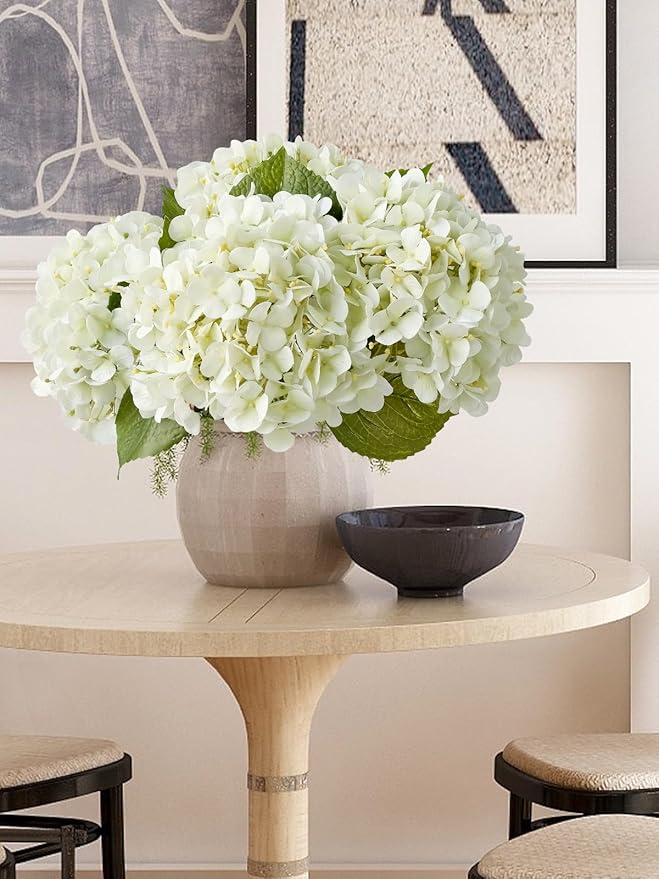 4PCS White Artificial Flowers Hydrangea 20" Real Touch Latex Faux Hydrangeas Silk Flowers with Green Leaves Stems for Short or Tall Vase Table Party Center Fake Bouquet Decor