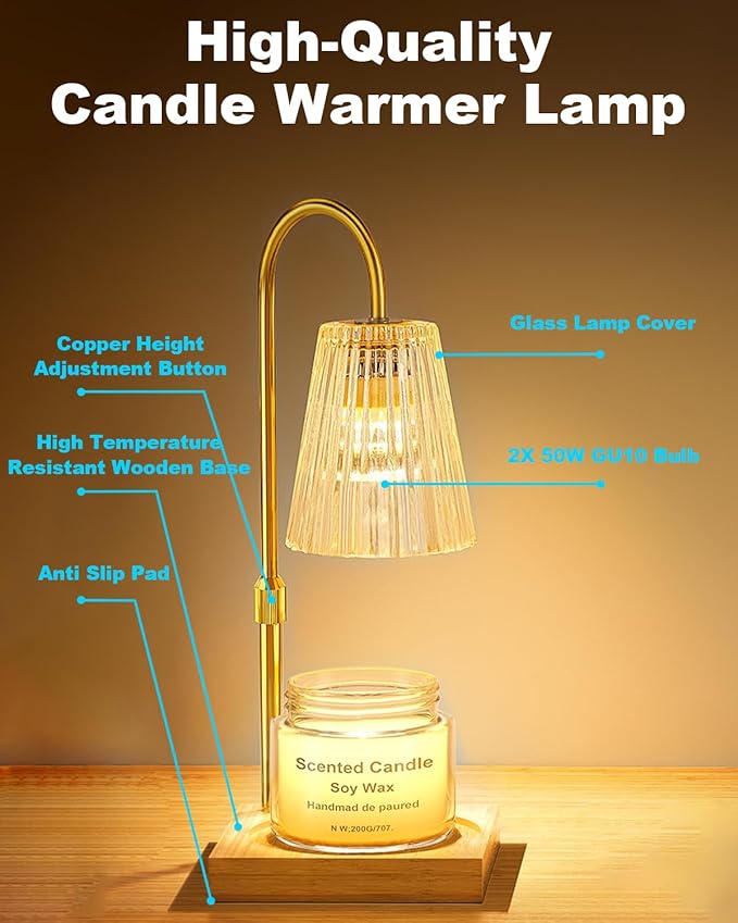 Candle Warmer Lamp with Timer - Upgraded Wax Warmer Lamp with Dimmable, Adjustable Height - Electric Candle Burner for Any Size Jar, Ideal Gift (Bulbs Included), Clear Amber