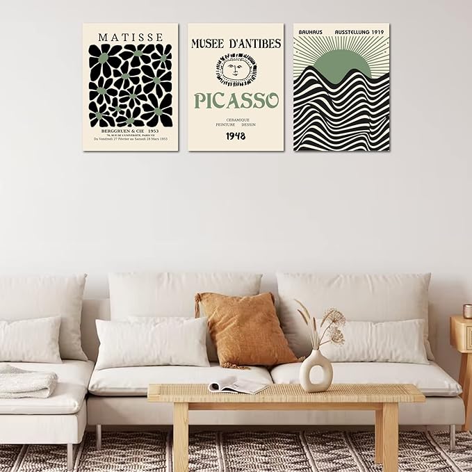 Sage Green Matisse Wall Art Set of 3, Abstract Matisse Wall Art Posters Decor, Minimalist Framed Wall Art Geometric Line Sun Rising Green Canvas Artwork Paintings, Bedroom, Office