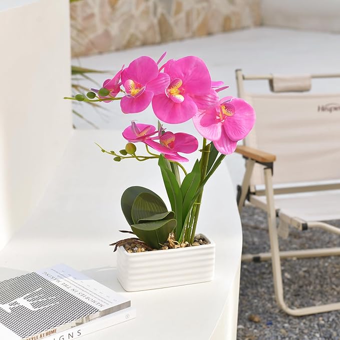 Artificial Real Touch Orchid Flowers in Pot Fake Phalaenopsis Flower with White Ceramic Vase Faux Orchids Arrangement for Home Table Office Wedding Party Decoration (Purple Red)