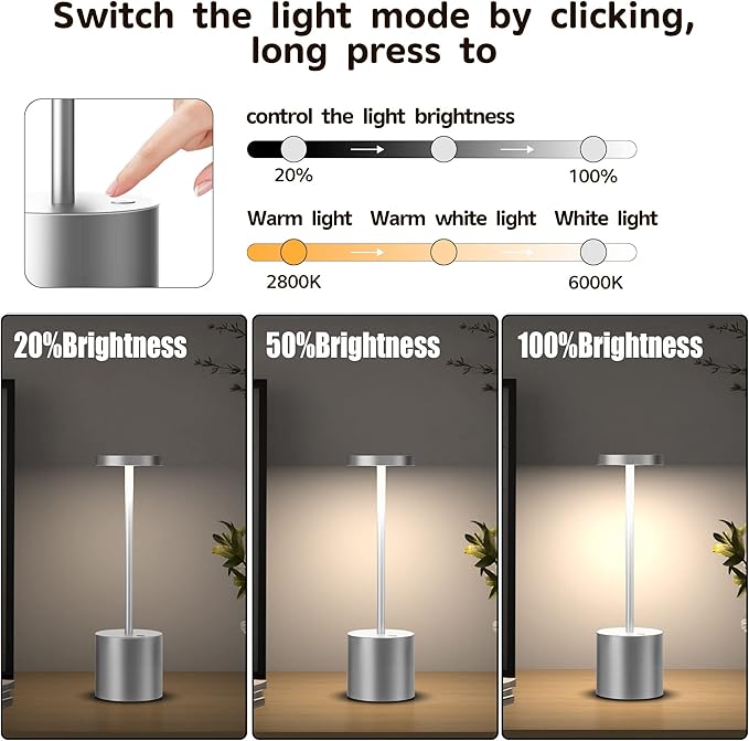 2Pack Cordless Table Lamp, Rechargeable LED Battery 5000mAh Metal USB Portable Powered Desk Lamp, 3 Levels Brightness Light for Restaurants Outdoor (2pack 10.25in Silver)