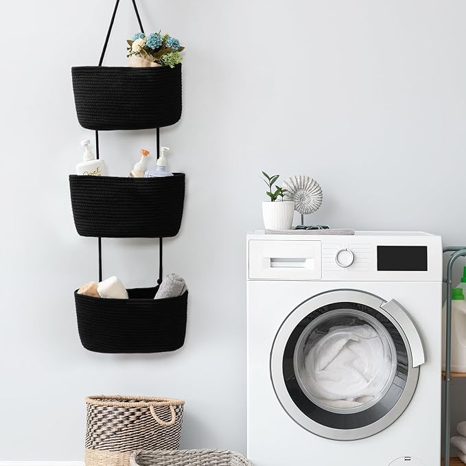 TeoKJ Over the Door Organizer, 3-Tier Woven Cotton Hanging Kitchen Baskets Storage Organizer Bag with Hooks Wall-Mounted Decorative Rope Baskets - Black