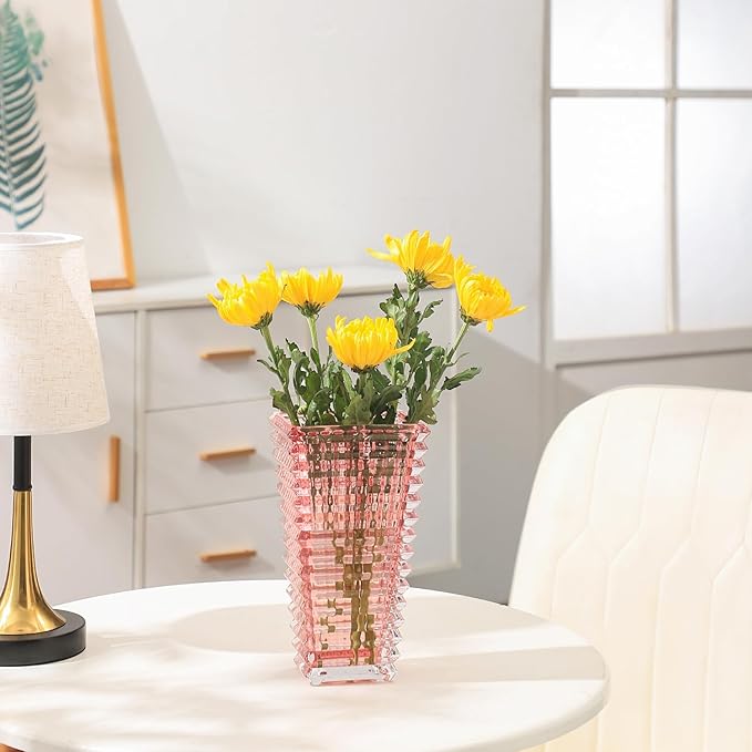 MCMCNCUIU Crystal Vase, Large Crystal Vases for Flowers, Large Flower Vase, Modern Pink Vases for Living Room, Bedroom, Kitchen, Dining Table, Mantle, Wedding, 9 Inches