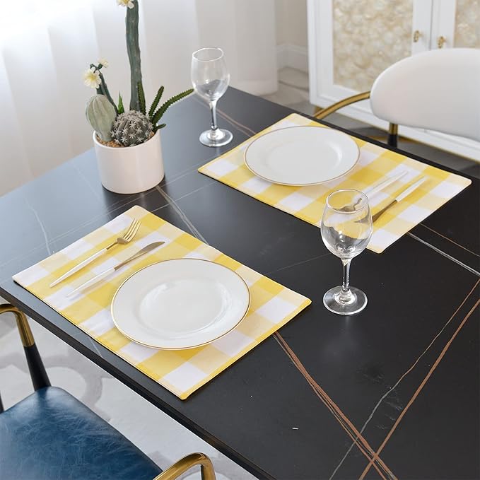 Yellow & White 2 Side Cotton Buffalo Check Placemats Set of 4 Heat Resistant Dining Table Place Mats for Kitchen Table, 12 x 18 inches
