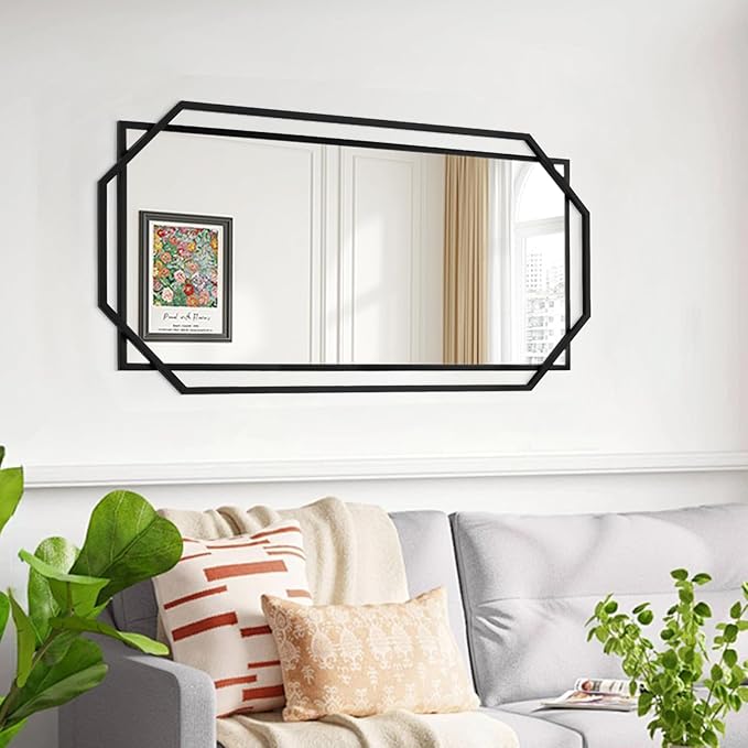 Large Black Frame Bathroom Mirror,Decorative Wall Mirror with Modern Metal Octagonal for Living Room, Bedroom, Dining Room, Entryway (46.5" x 23")